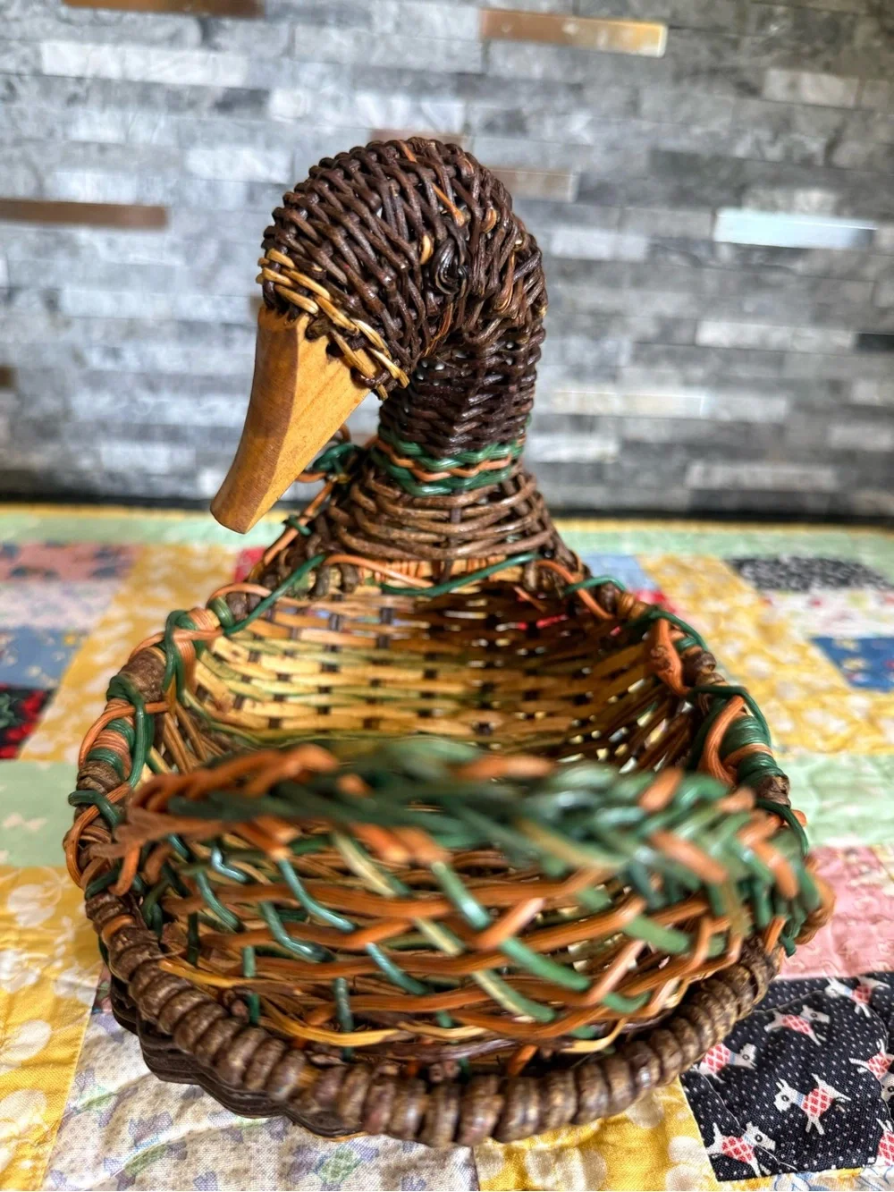 Vintage Cottage Core Woven Duck Basket with Green & Brown Accents